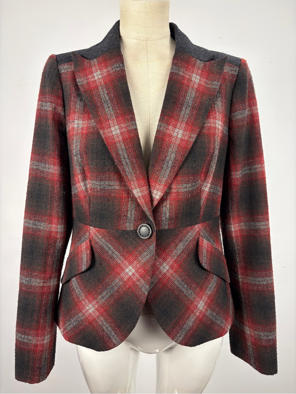 BAIA Blue Label Red Plaid Wool Blend Tailored Blazer Jacket Women's 8